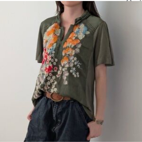 Anthropologie Tops - Anthropologie TINY Floral Embroidered Green Top NWT